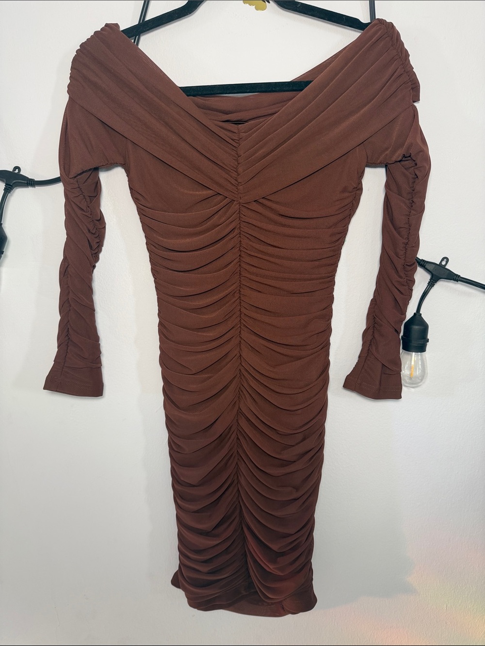 Off-Shoulder Ruched Long Sleeve Bodycon Dress in Brown